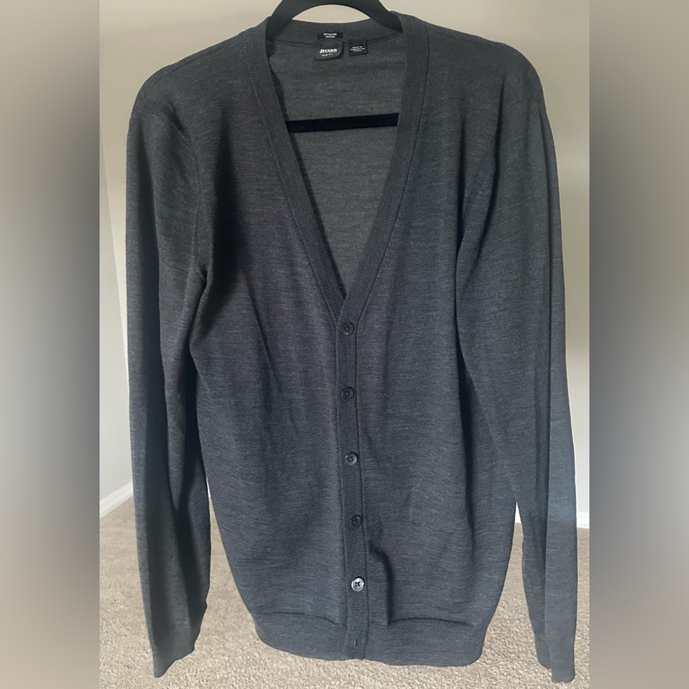 BOSS by Hugo Boss Extra Fine Merino Gray Unisex Cardigan Sweater Slim Fit